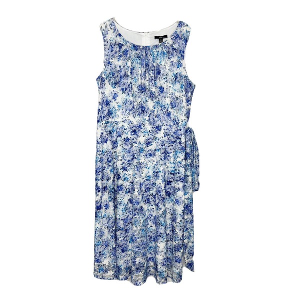 R & K Dresses & Skirts - R&K Women’s Blue White Floral Lace Sleeveless Belted Fit Flare Dress SZ 14 New
